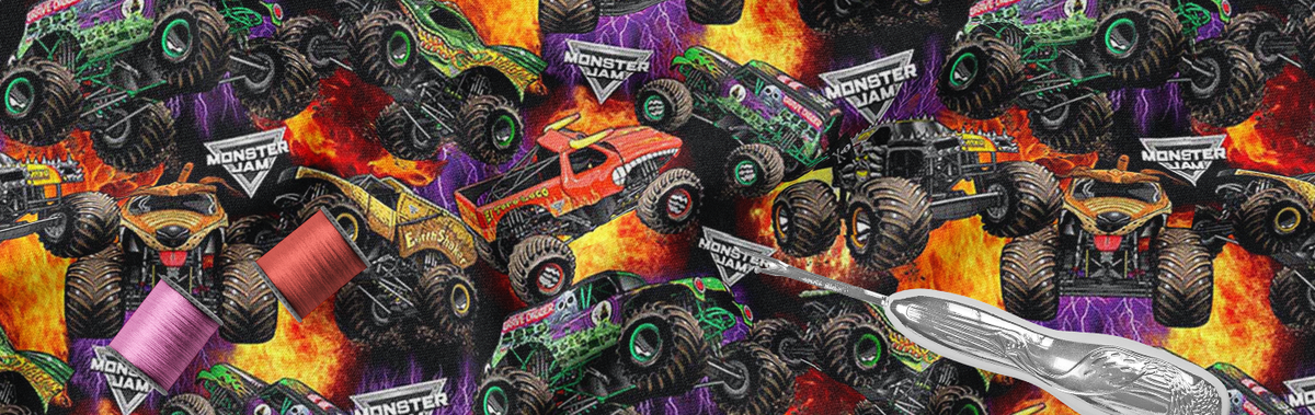 Large Monster Jam Trucks Fire Fabric by Sykel Enterprises - modeS4u